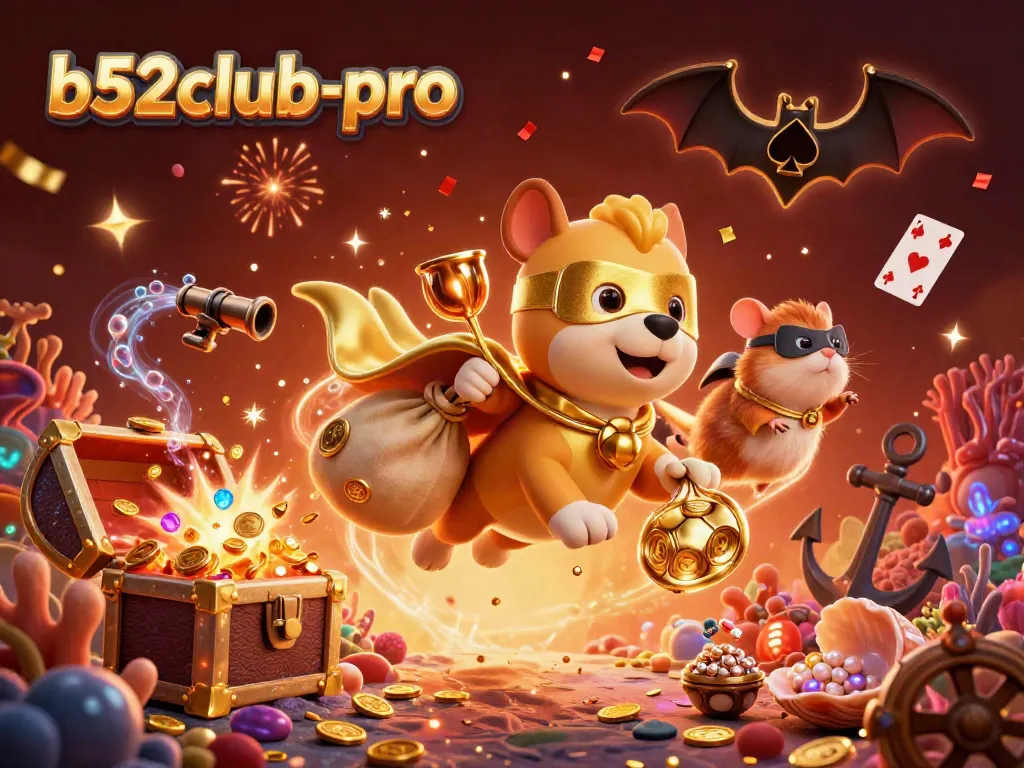 Experience the vibrant, exciting world of b52club-pro with our superhero dog carrying gold coins amidst fun casino elements.