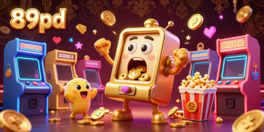 89bd slot machine winning jackpot showering coins with cheering mini slots and popcorn machine sidekick.