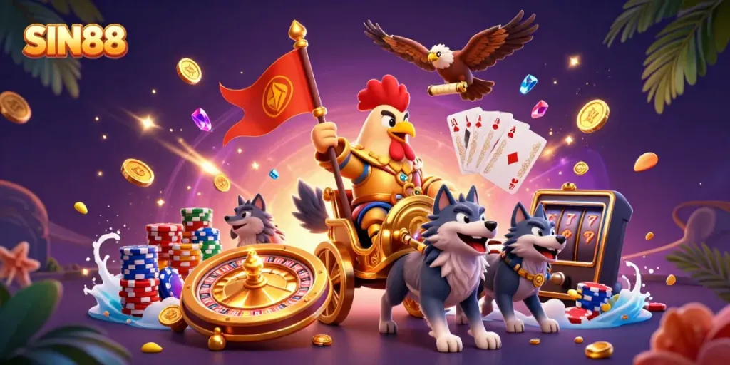 Engage in thrilling gameplay at SIN88 with a dynamic scene featuring a rooster warlord, golden chariot, and casino elements.