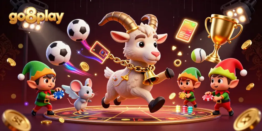 Experience thrilling gameplay at go8play with Krampus and festive characters in a dynamic casino scene.