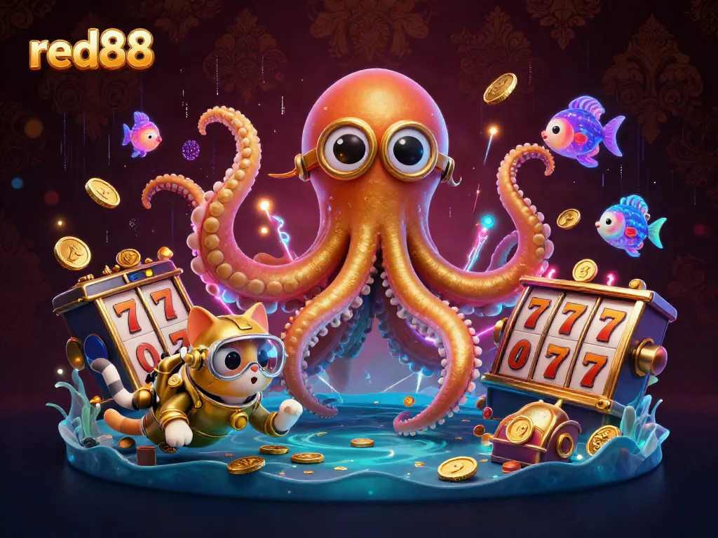 Experience thrilling gameplay at red88 with a massive kraken and a diving cat in a vibrant casino scene.