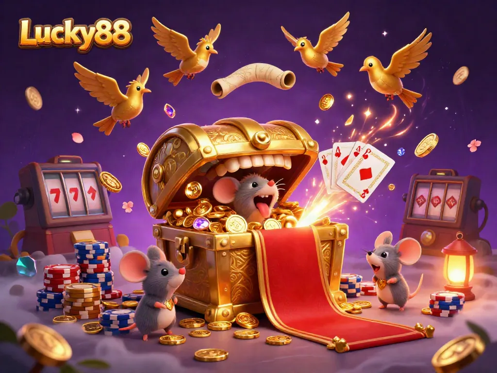 Experience the thrill of Lucky88 with treasure chests, casino elements, and sparkling gems!