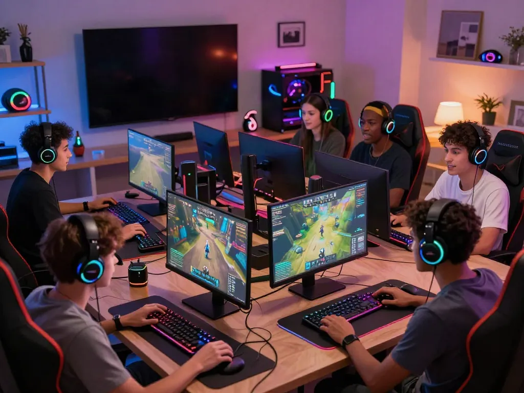 Players engaged in an exciting online gaming experience with vibrant accessories, showcasing the kilat404 platform.