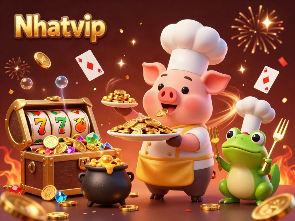 Nhatvip game scene showcasing a chef pig serving gold coins, exciting with slot reels and confetti.
