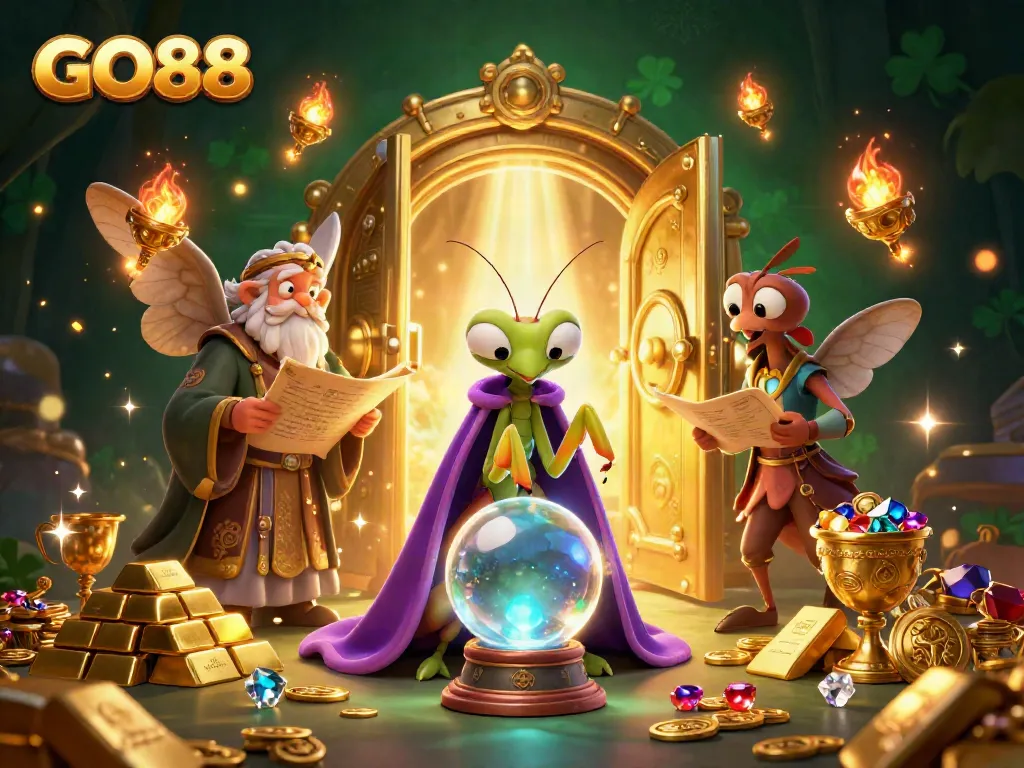 Experience the magical fortune of GO88 with mystical characters amidst dazzling casino riches.