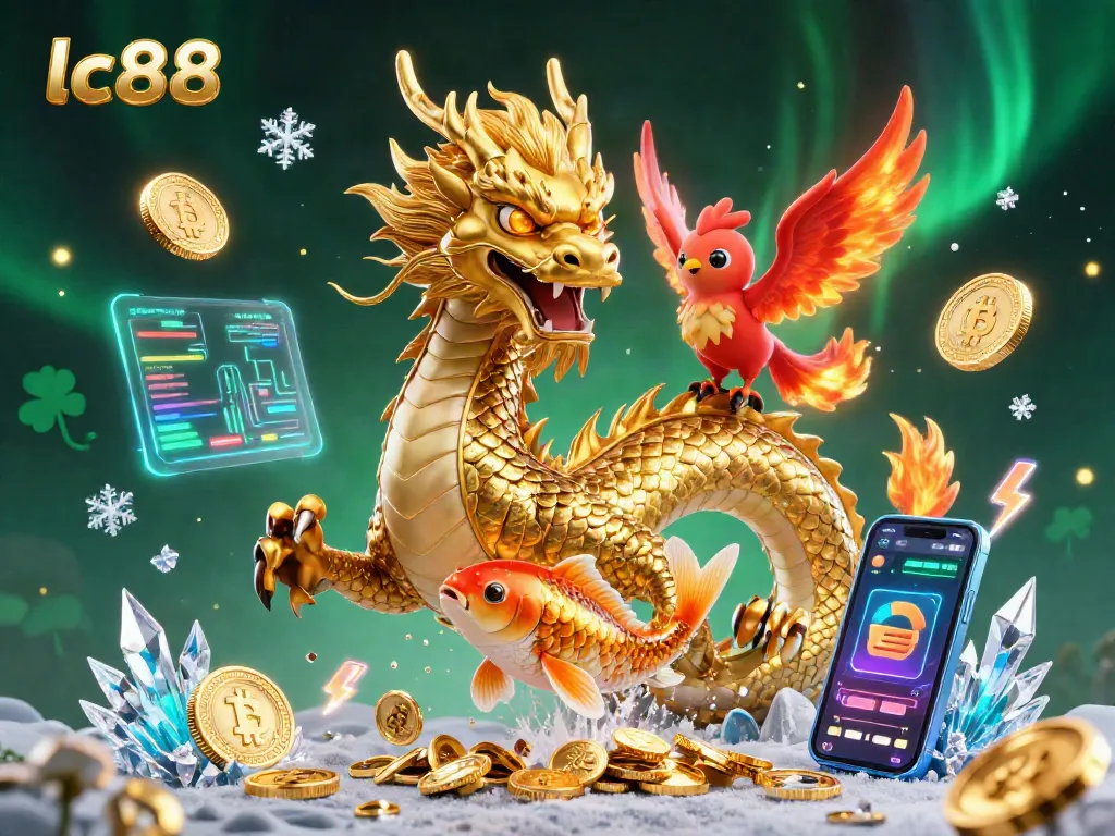 Join the exciting chances at lc88 with a vibrant 3D casino-themed illustration showcasing a dragon, phoenix, and koi fish among coins.