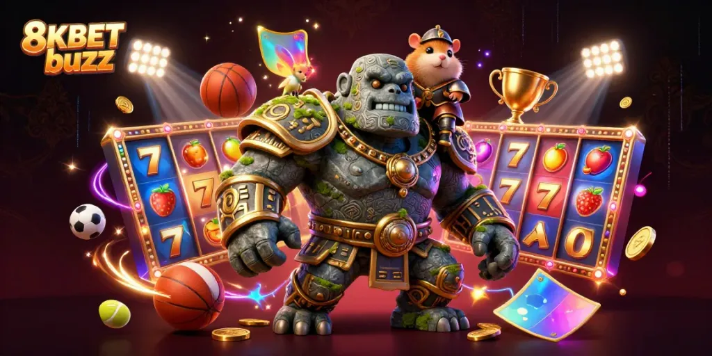 Experience the thrilling 8KBET buzz through colorful slot game elements and engaging characters in this dynamic casino illustration.
