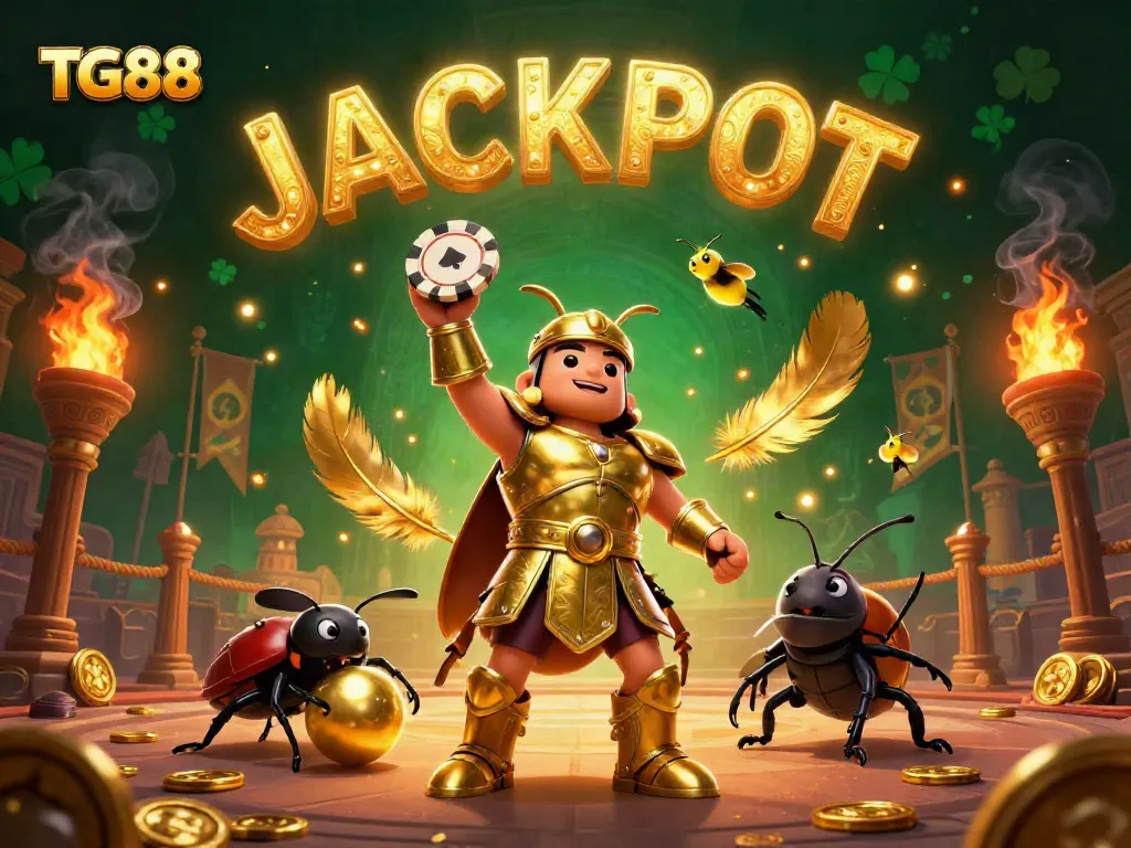 Experience the excitement of TG88 with a victorious hercules beetle, jackpot celebrations, and rich casino elements.