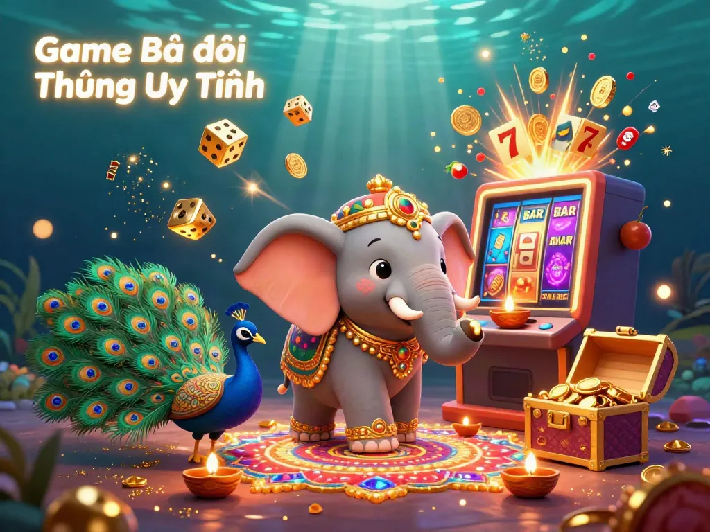 Experience 'Game Bài Đổi Thưởng Uy Tín' with vibrant elephants and jackpot themes in a colorful casino setting.