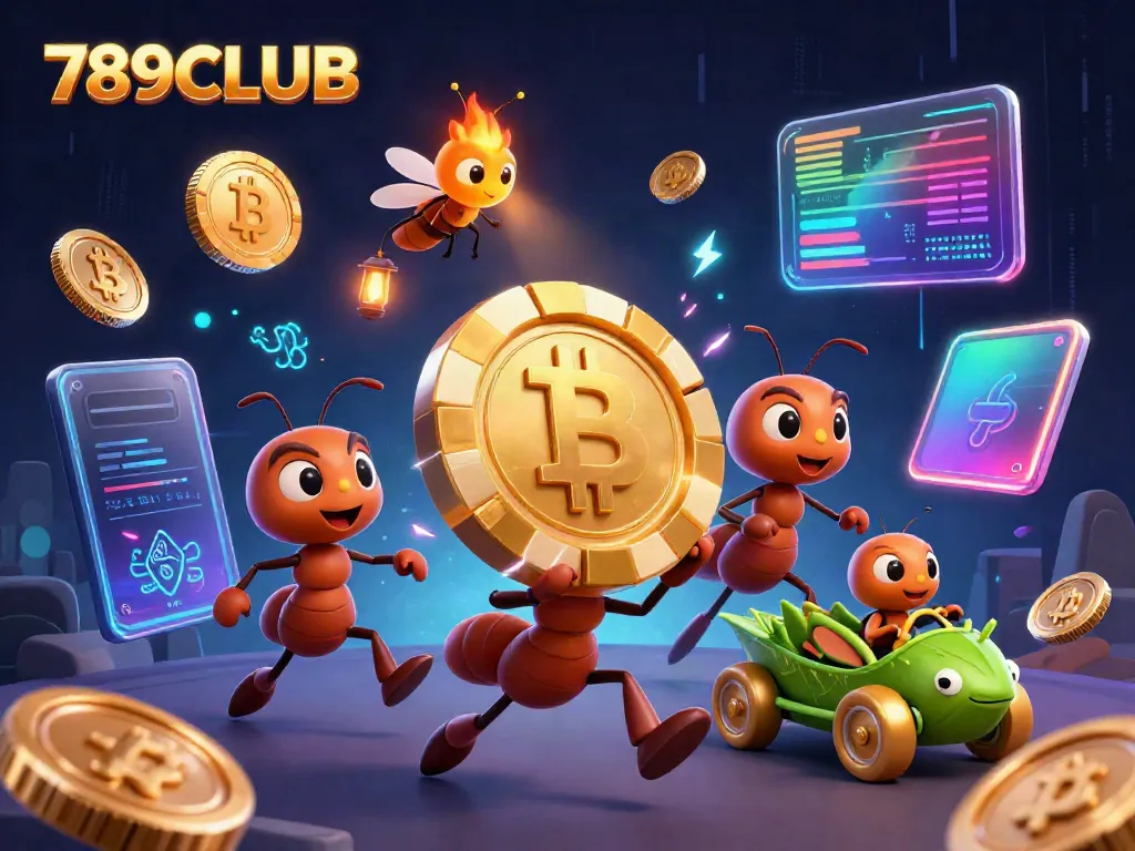 Play at 789CLUB with animated ants heisting golden poker chips in a vibrant gaming scene.