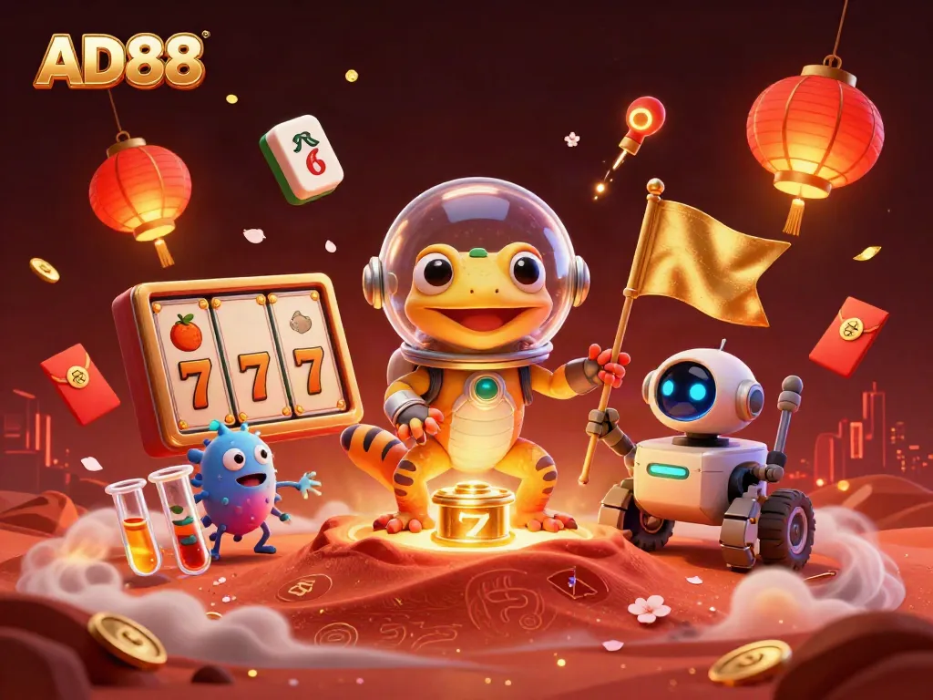 Engage with AD88's dynamic casino experience featuring a Martian gecko uncovering riches.