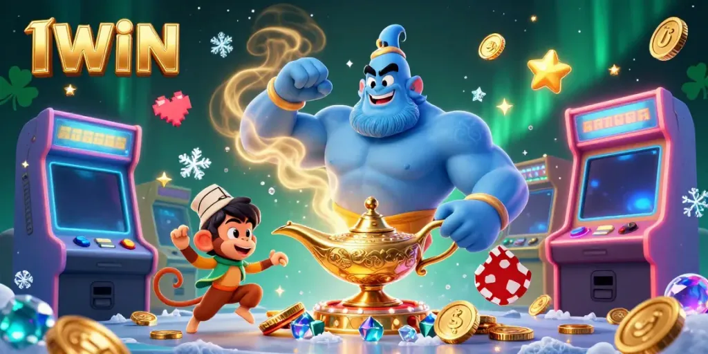 IWIN captures players with vibrant casino elements and a magical 3D genie illustration.