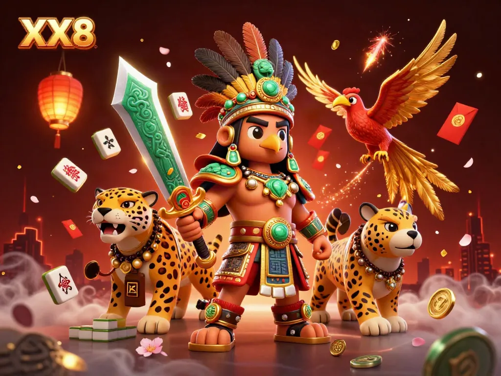 Join the exciting gameplay at XX8 with a dynamic scene featuring Aztec warriors and vibrant casino elements.