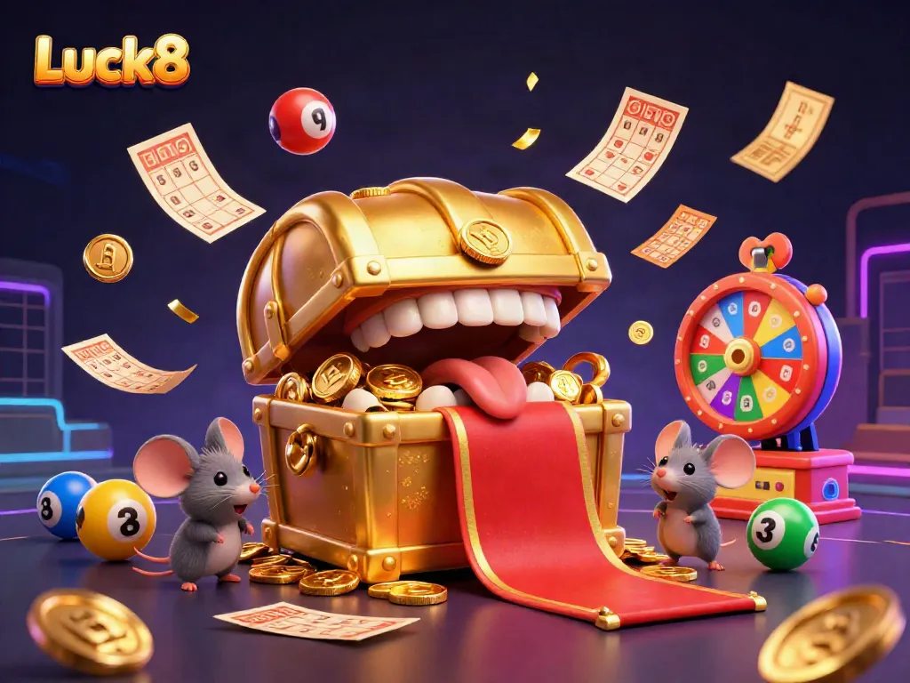 Spin to win with Luck8's online lottery excitement, featuring vibrant colorful lottery balls and dynamic prize elements.