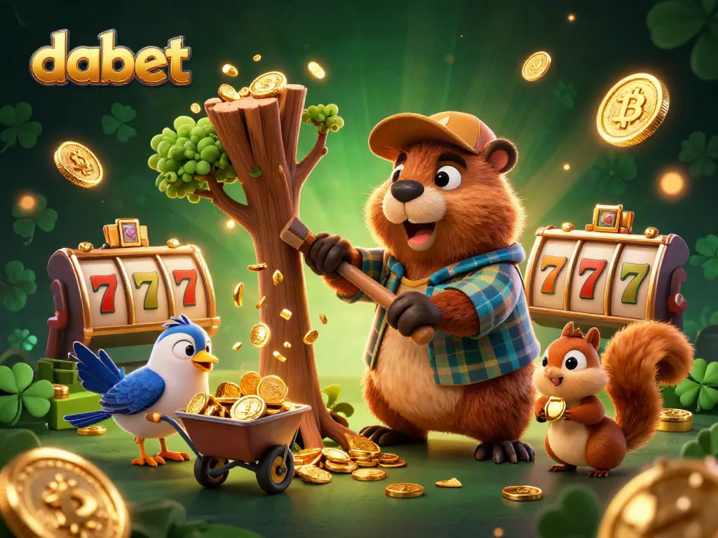 Win big at dabet with a lively 3D illustration of a beaver collecting golden coins from a jackpot