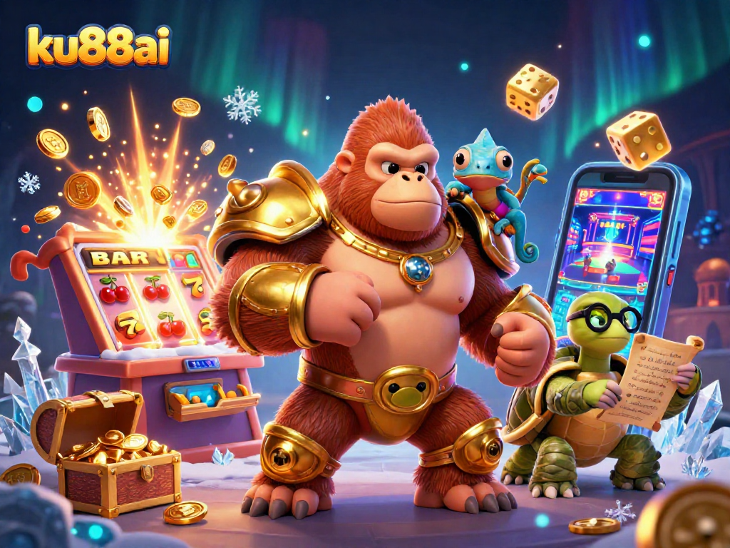 ku88ai showcases a thrilling 3D scene with a gorilla king, chameleon, and tortoise amidst vibrant casino elements.