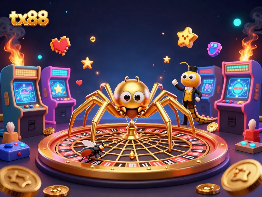 Engage with the tx88 online casino experience featuring a dynamic scene of a spider and croupier betting action.