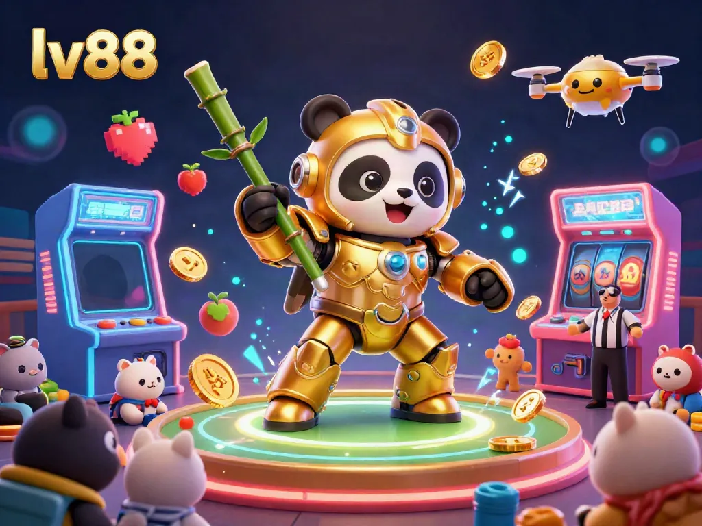 Experience the vibrant lv88 gaming arena with a golden panda piloting a robot surrounded by dynamic casino elements.