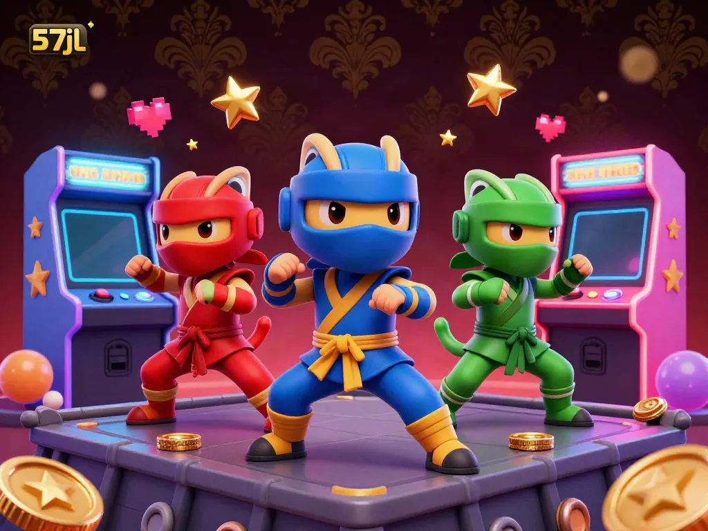 Experience thrilling gameplay at 57jl with ninja chameleons and vibrant arcade elements in a casino setting.
