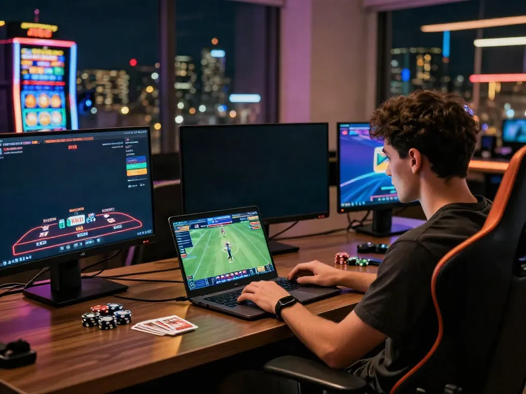 Engaged player exploring five 88 gaming platform on a laptop surrounded by vibrant casino game screens.