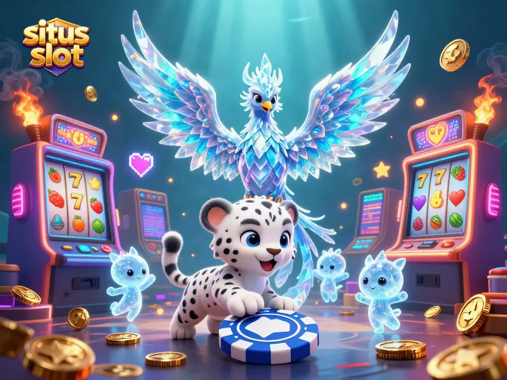 Menghadirkan situs slot dengan simbol buah dan jackpot, dikelilingi karakter fantastis dalam pencahayaan yang dramatis.