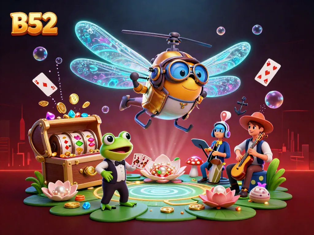 Experience B52's vibrant slot casino action with a dragonfly pilot and frog dealer in a jazzy scene.