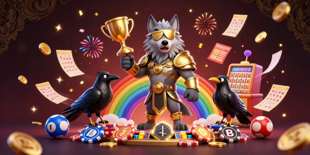 Engaging interactive display showcasing dự đoán xổ số through vibrant lottery elements, featuring a wolf and ravens.