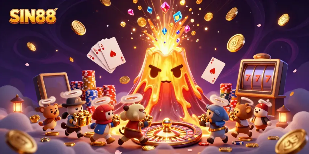 SIN88 platform showcases a triumphant golden volcano erupting treasures and excitement in a vibrant gaming scene.