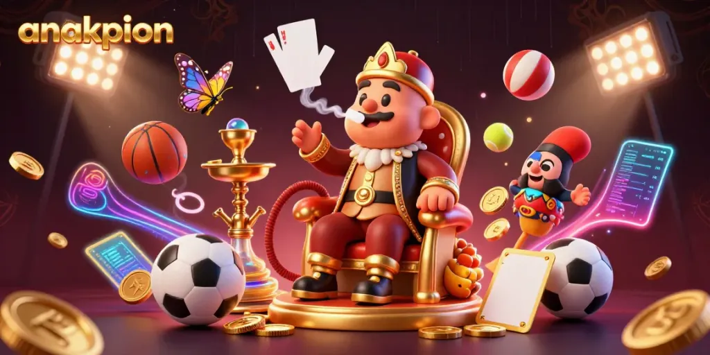 Anakpion showcases a captivating scene with a cartoon caterpillar blowing poker symbols, surrounded by dynamic gambling elements.