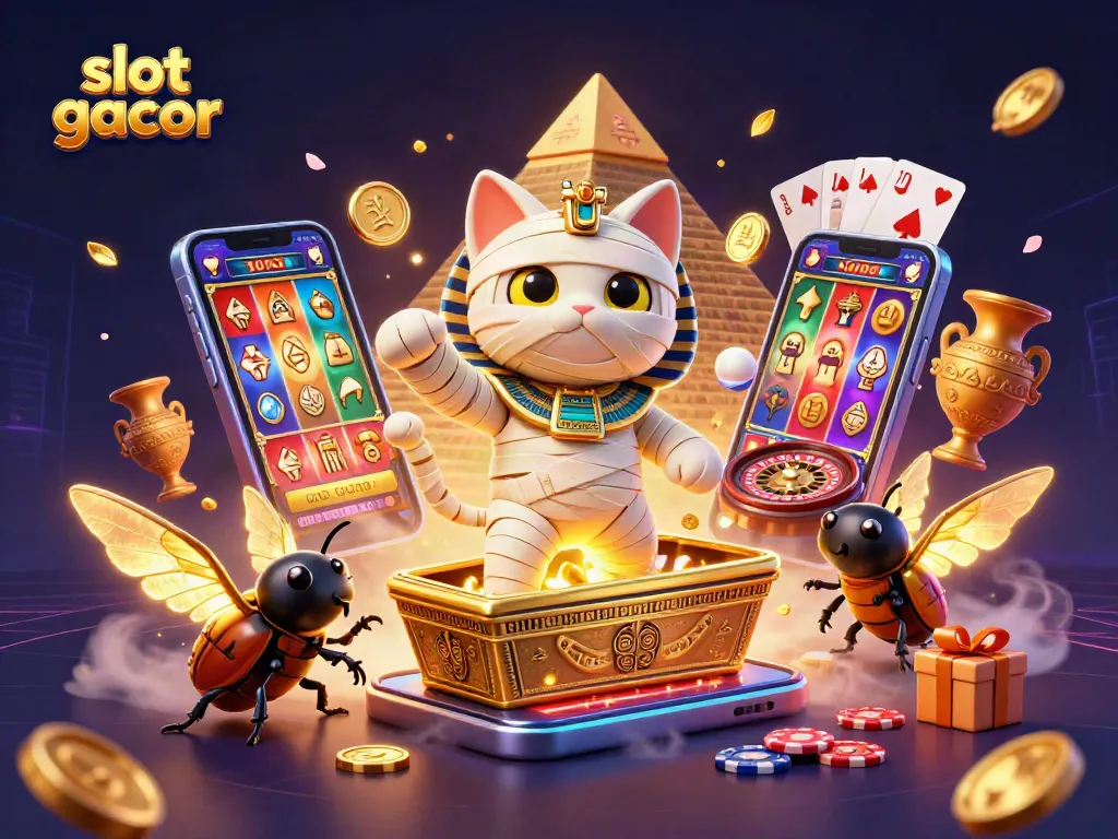 Experience thrilling slot gacor action with a 3D cartoon Egyptian mummy cat and ancient gaming elements.