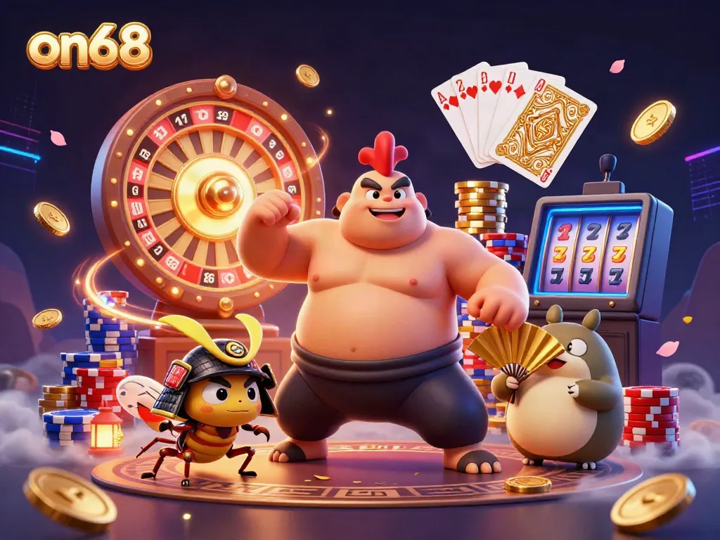 Spin the wheel and uncover riches with on68's vibrant casino scene featuring a powerful sumo rooster.
