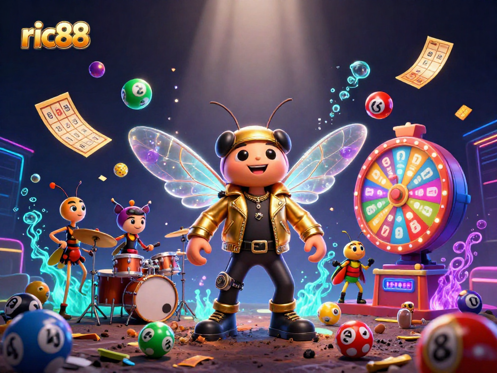 Engage with ric88's vibrant 3D lottery-themed collage showcasing interactive elements.
