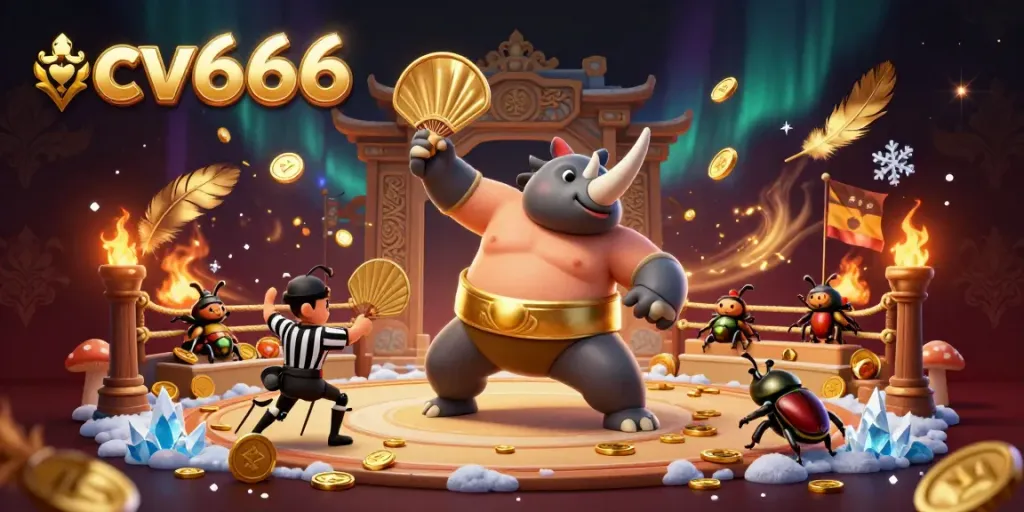 Experience the action of cv666 as a sumo beetle champion sends gold coins flying in a vibrant casino scene.