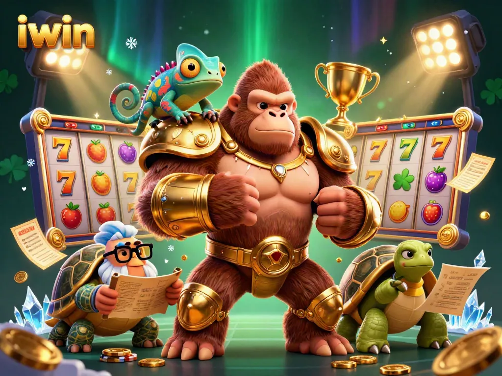 Experience the thrill of iwin with a vibrant 3D cartoon gorilla king and friends amidst dynamic slot game elements.