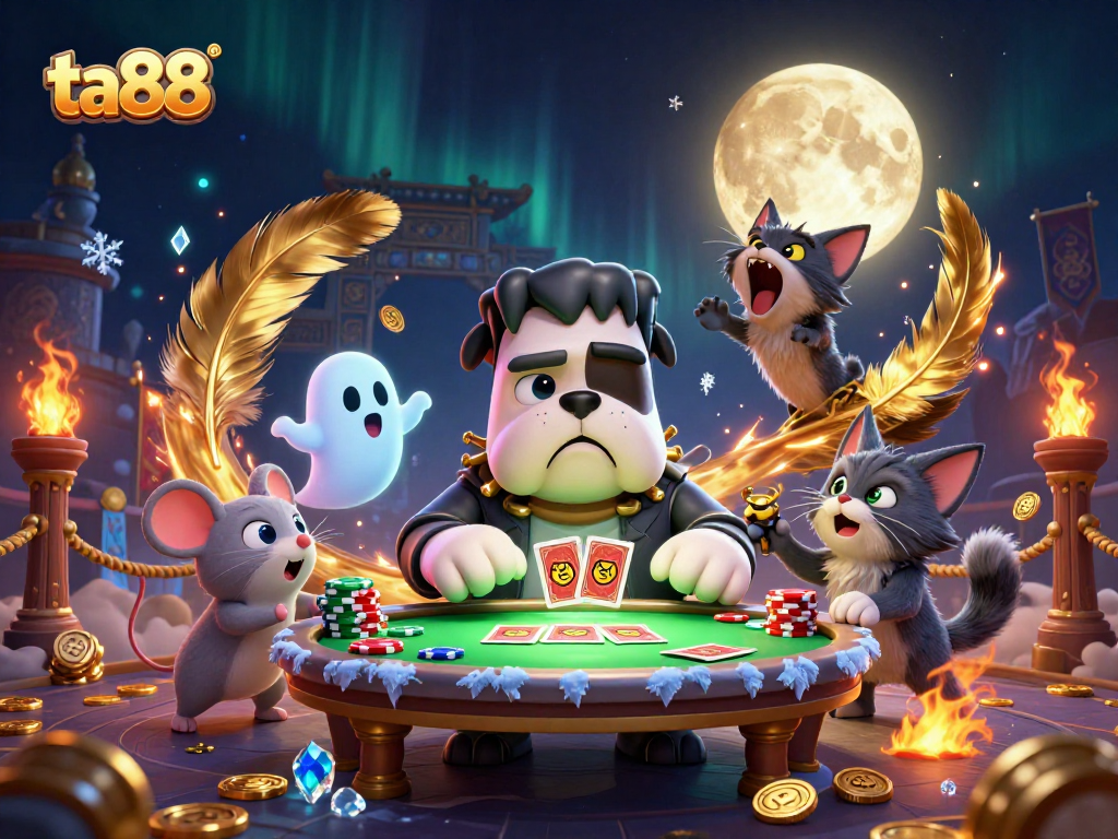 ta88 features a lively 3D scene with characters engaging in card games amidst vibrant casino elements.