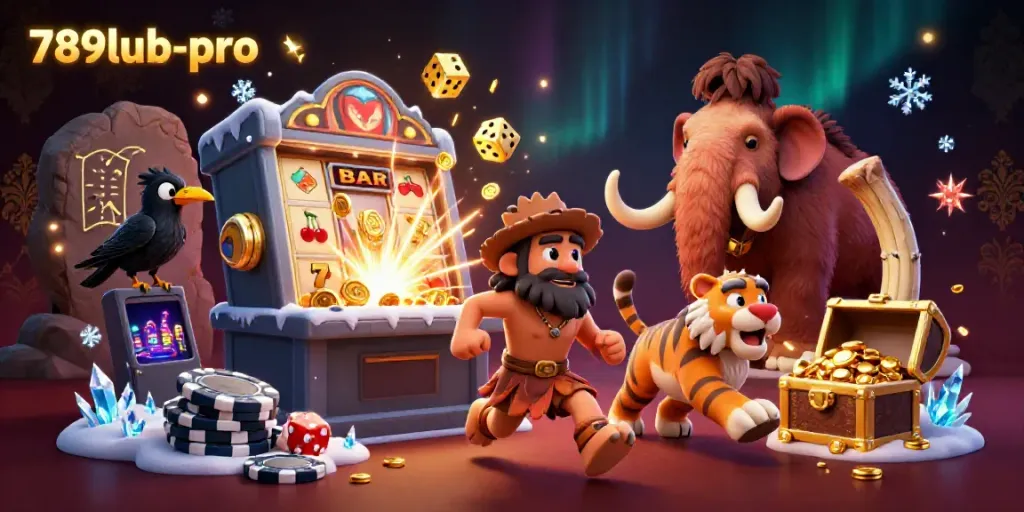 Experience the thrills of casino games with 789lub-pro in a vibrant prehistoric-themed illustration.