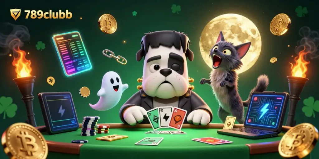 Engage with the vibrant 789clubb scene featuring a unique cartoon monster dealing cards and crypto elements.