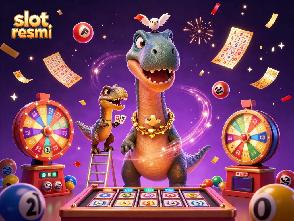 Experience exciting slot resmi gameplay with a lively 3D brontosaurus and raptor in a vibrant casino scene.