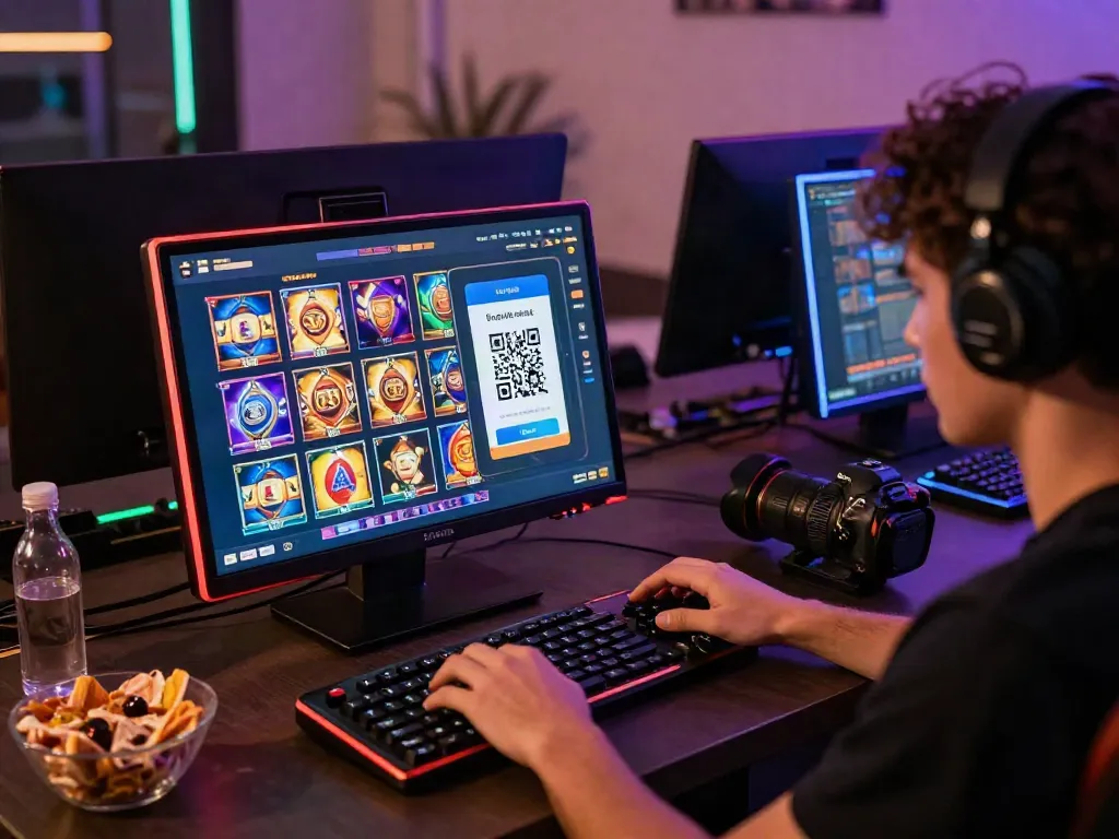Engaging scene of a user playing online slots with QRIS payment option visible.