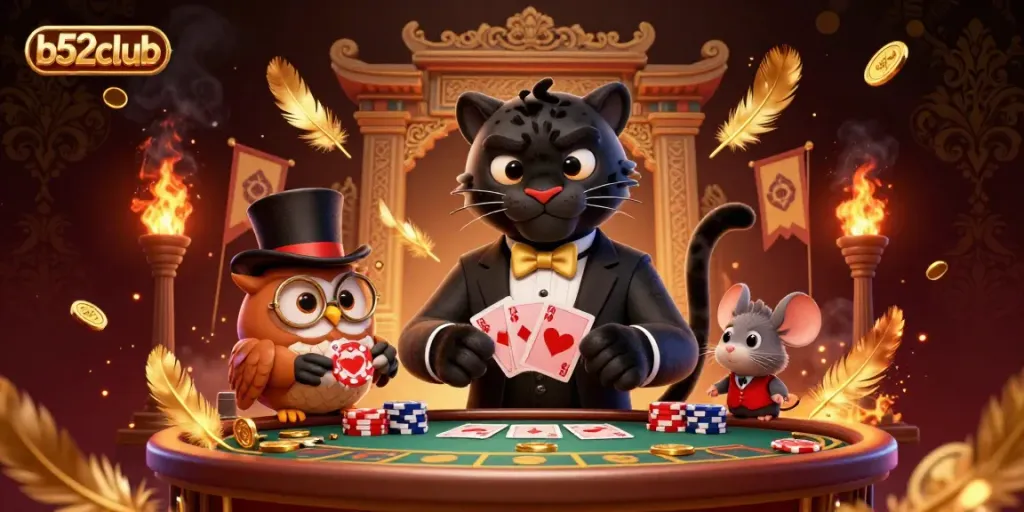 Engage in the lively action at b52club, showcasing a stylish black panther dealing cards in an incredible casino atmosphere.