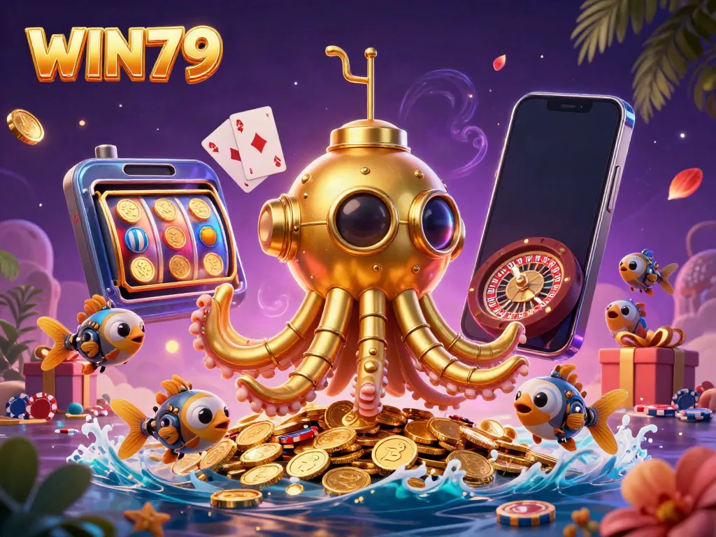 Experience the excitement of WIN79 with a vibrant underwater casino scene featuring golden kraken and slot games.