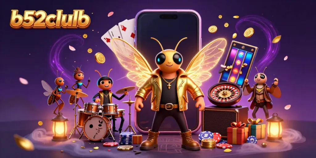 Experience exciting gameplay at b52clubb with vibrant casino-themed 3D illustration featuring animated characters and dynamic game elements.