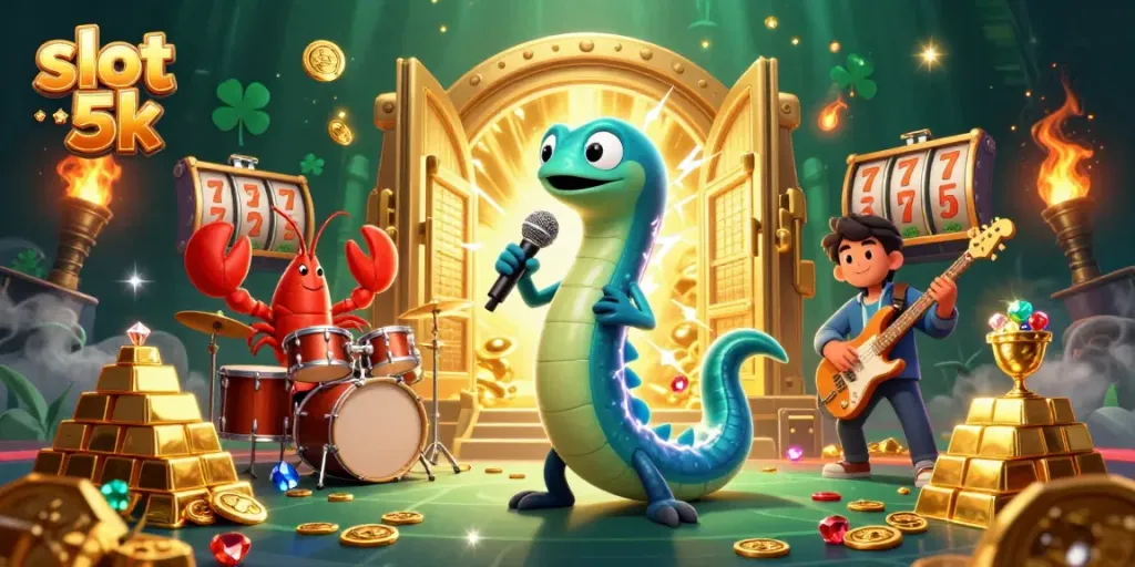 Experience thrilling wins with slot 5k in this underwater casino scene featuring vibrant characters and sparkling treasures.