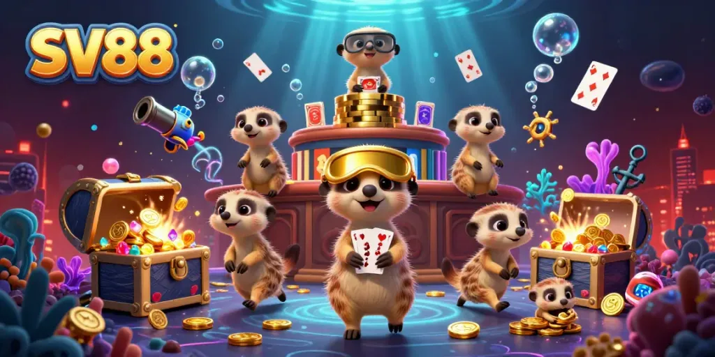 Meerkats operating the SV88 casino with engaging game elements amidst a vibrant underwater scene.