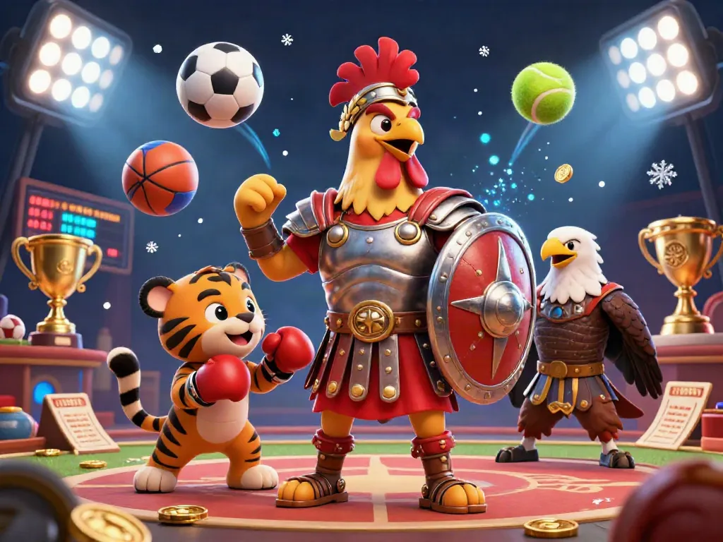 Kubet sports betting scene with a gladiator rooster, tiger cub, and eagle, showcasing vibrant casino elements.