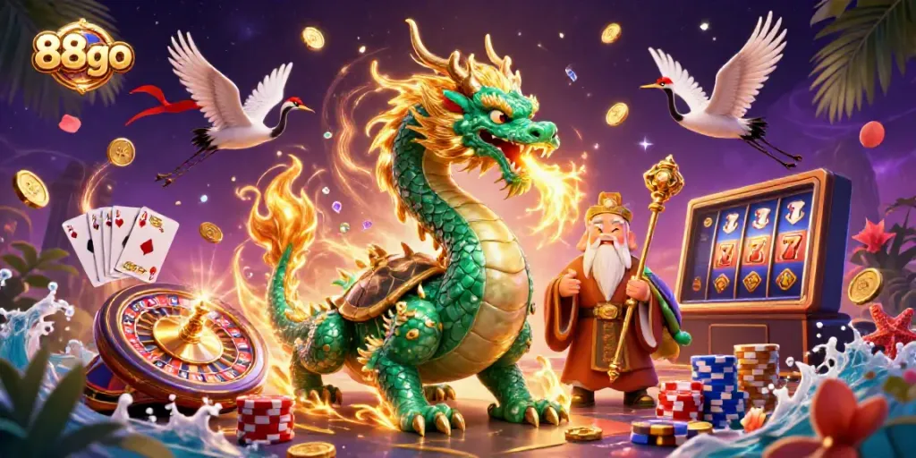 Engage with 88go's dynamic casino atmosphere featuring lucky symbols and vibrant game elements.