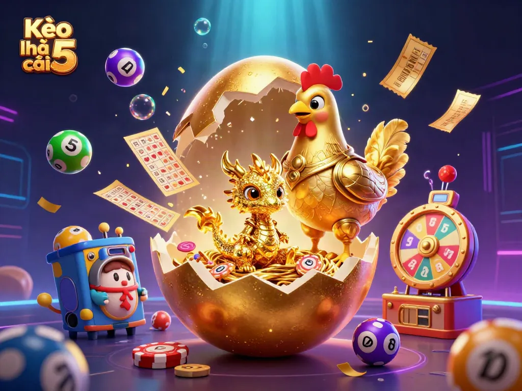 Betting enthusiasts engage with Kèo nhà cái 5, featuring a golden baby dragon sitting on poker chips amidst lively lottery and casino elements.