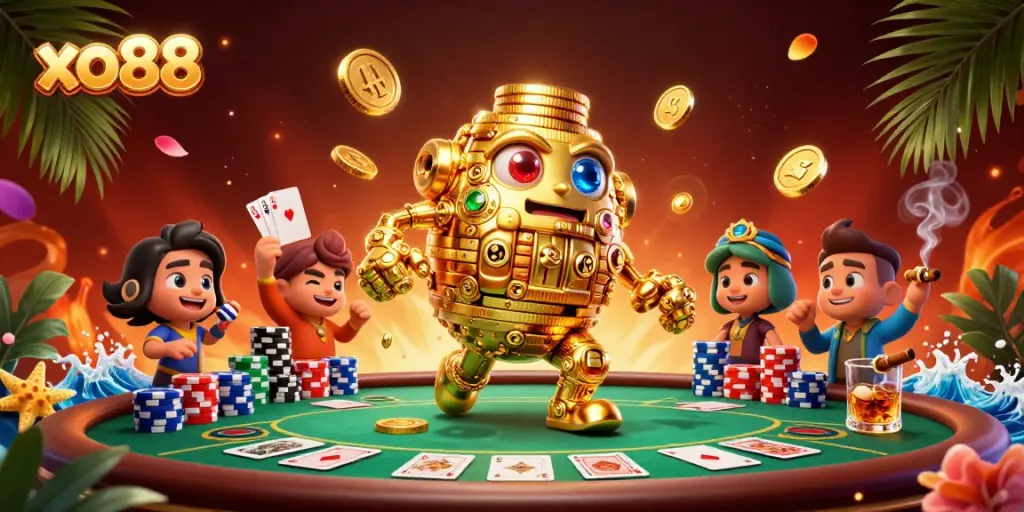 Spin the reels at xo88 with a dynamic golden golem presiding over a vibrant poker scene.