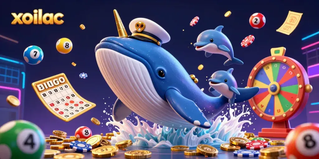 Xoilac captures the excitement of gaming with cartoon whale and casino elements in a vibrant scene.