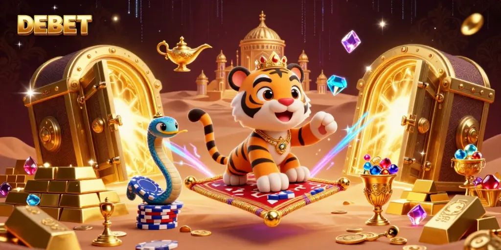 Experience the excitement of DEBET with vibrant characters and gold treasures in a casino-themed scene.